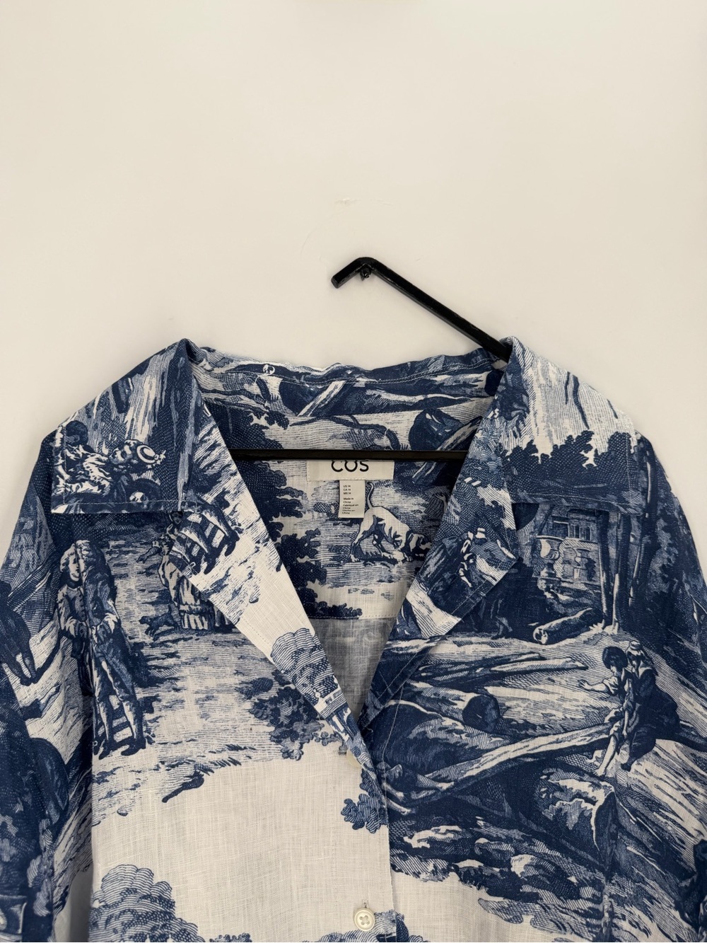 Cos French Toile Linen Long Wide Sleeve Printed Button Up Ocean Blue Shirt